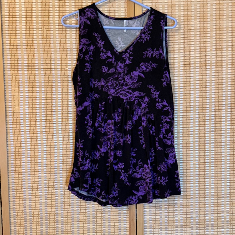 Tencede Womens XL Purple Floral Babydoll Tunic Sleeveless V-Neck Tank Top Black